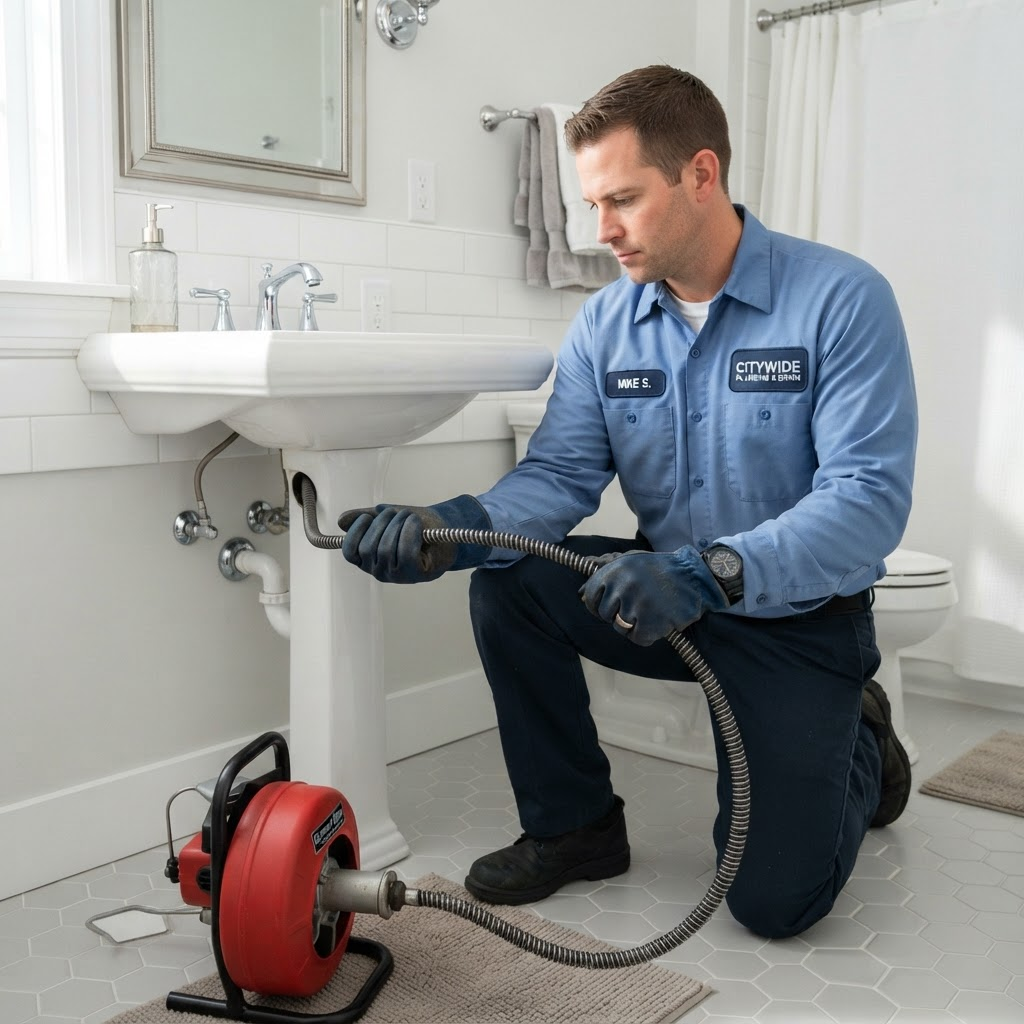 Plumber clearing a clogged drain with a drain auger