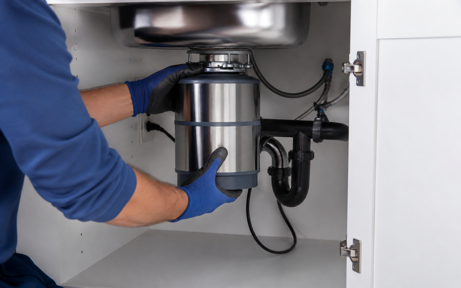 Plumber installing a garbage disposal under a kitchen sink