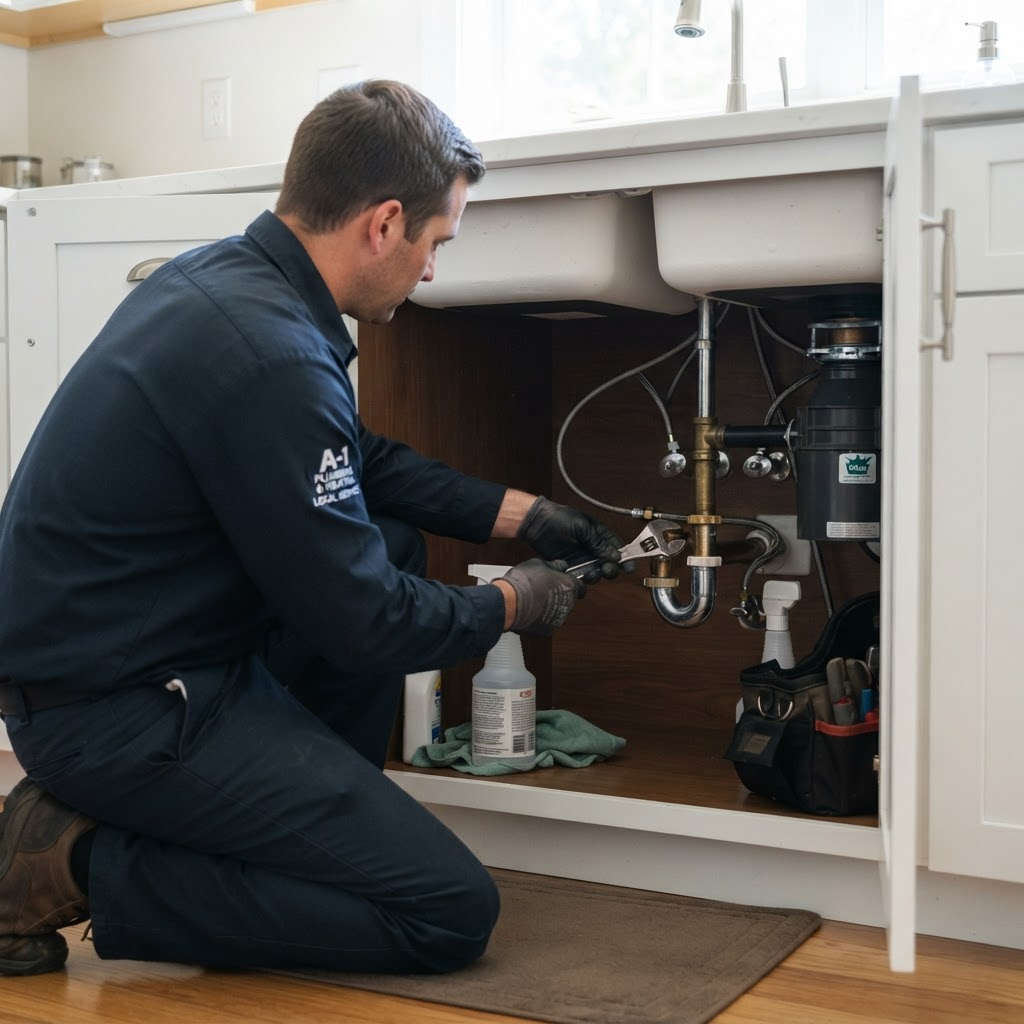 Plumber making an emergency pipe repair under a kitchen sink