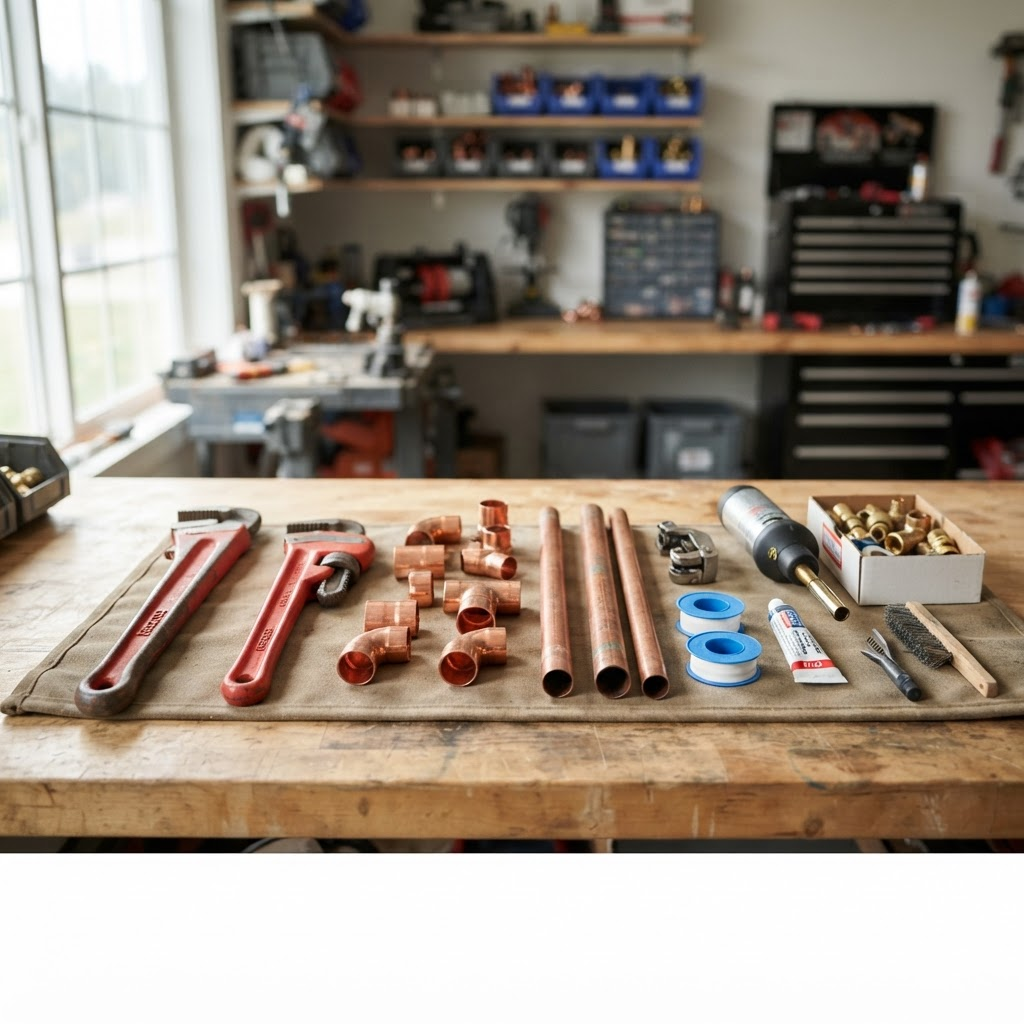 Plumbing tools and fittings arranged on a workbench