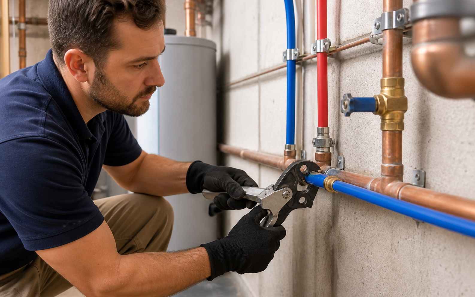 Plumber repairing a residential water supply line in a utility room
